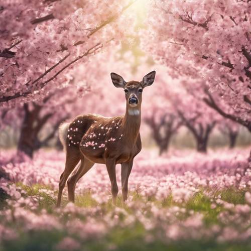 一隻小鹿在盛開的櫻花樹田裡吃草的插圖。