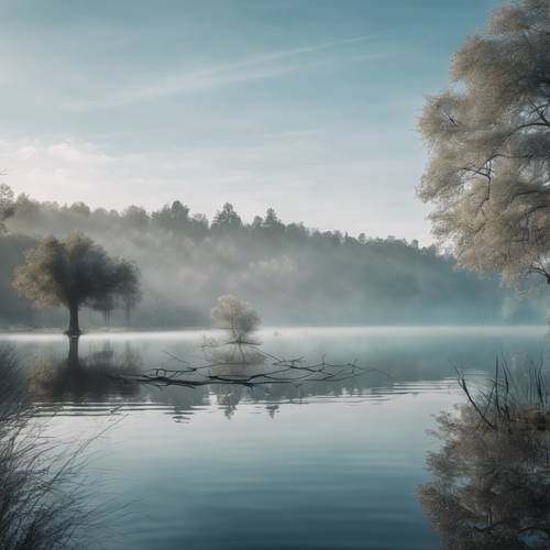 Sakin bir göle yansıyan soluk mavi sabah gökyüzü.