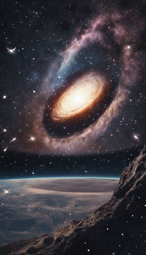 Eine malerische Szene eines schwarzen Lochs vor dem Hintergrund einer mit Sternen gefüllten Galaxie.