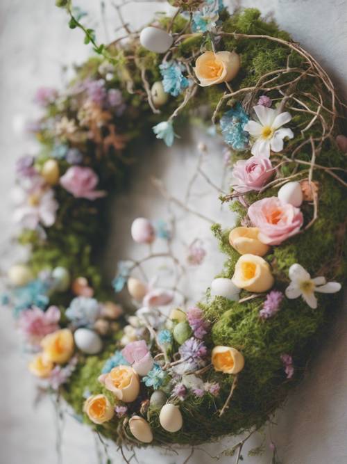 Karangan bunga Paskah estetika yang terbuat dari lumut, bunga pastel, dan ranting.