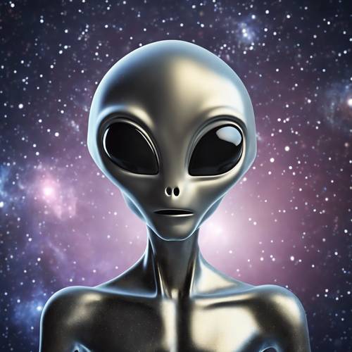 An alien emoji in a metallic silver color, sporting an enigmatic smile against a background of spinning galaxies.