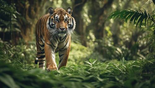 A majestic Bengal tiger prowling in an exotic lush green jungle, exuding an air of quiet confidence Tapet [4a7f5e94acaa40dd9961]