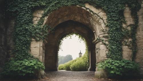 A stone gothic archway covered with ivy.