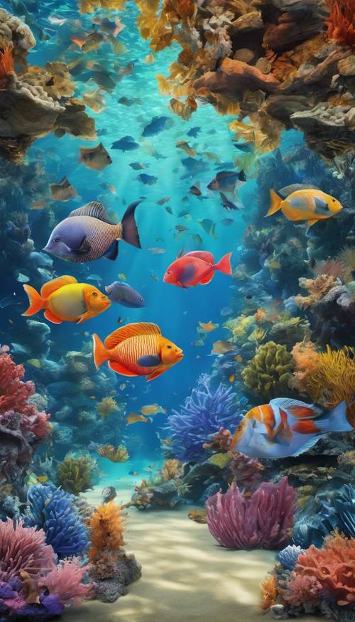 这是一幅明亮、欢快的壁画，描绘的是热带水下场景，其中有五颜六色的鱼和畜栏。