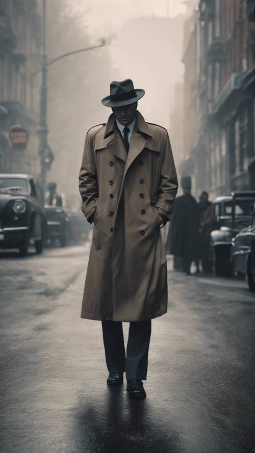 Ein Noir-Detektiv, gekleidet in einen Trenchcoat, steht in den nebligen Straßen.