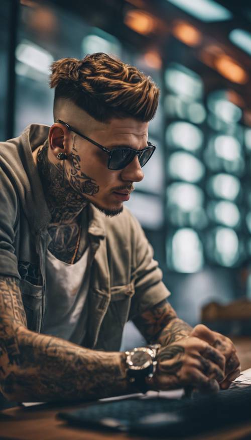 Уличный хакер с крутой прической и татуировками на руках взламывает код высокотехнологичной системы безопасности.