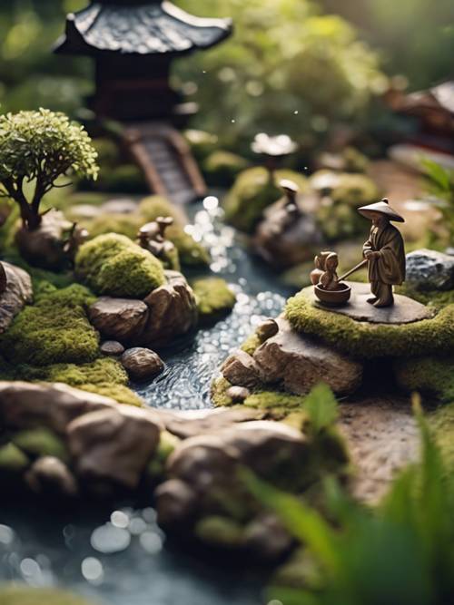 A tranquil Japanese Zen garden with cute miniature figurines and a babbling brook.