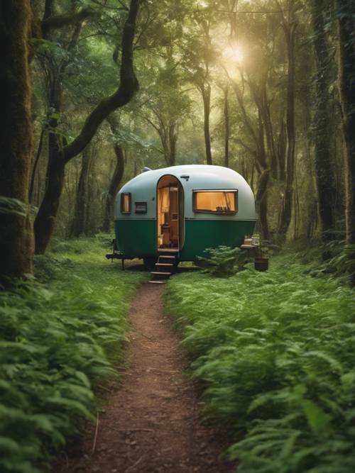 Caravane magique dans une forêt verdoyante, éclairée par une douce lumière éthérée qui jaillit à travers la canopée.