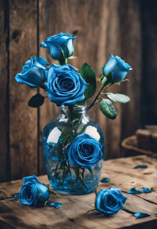 Rose metalliche blu in un vaso di vetro su un tavolo di legno rustico