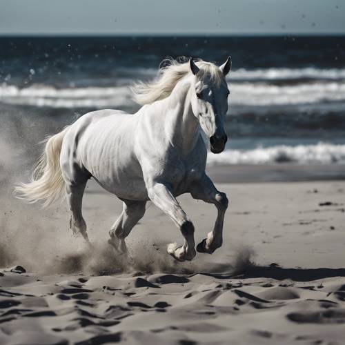 Величественная белая лошадь скачет по черному как смоль пляжу.