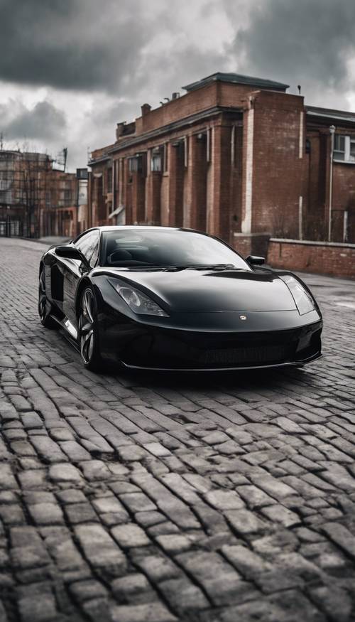 A sleek black sports car parked on a gray brick road under a cloudy sky".