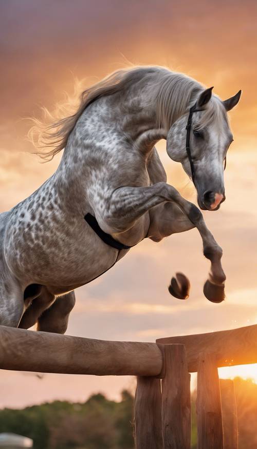 Пятнистая серая андалузская лошадь ловко перепрыгивает через барьер, установленный на фоне яркого заката.