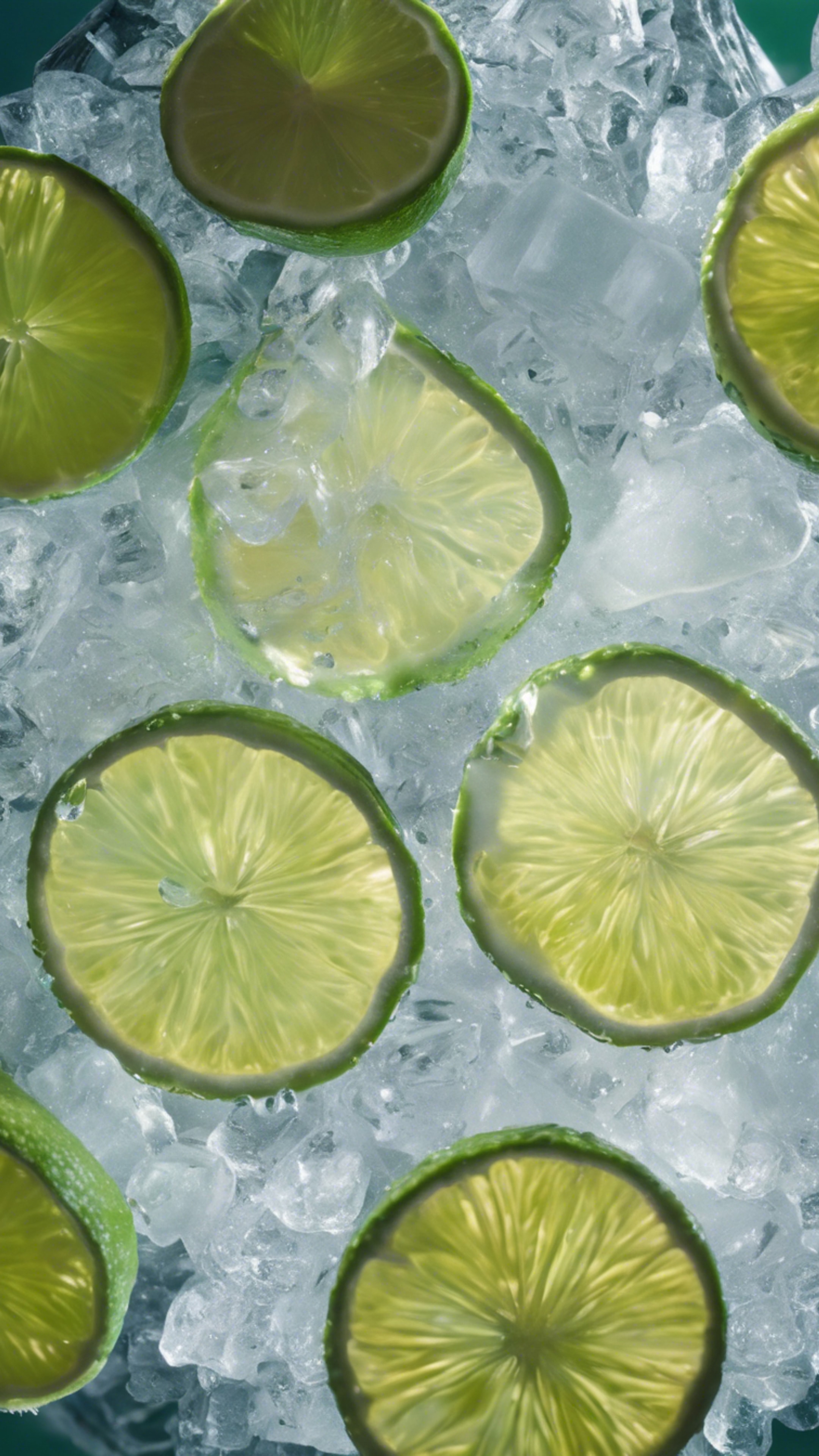 A refreshing overhead view of a sliced lime on the rim of a glass filled with ice cold cocktail. 벽지[f4efbc933b954446941d]