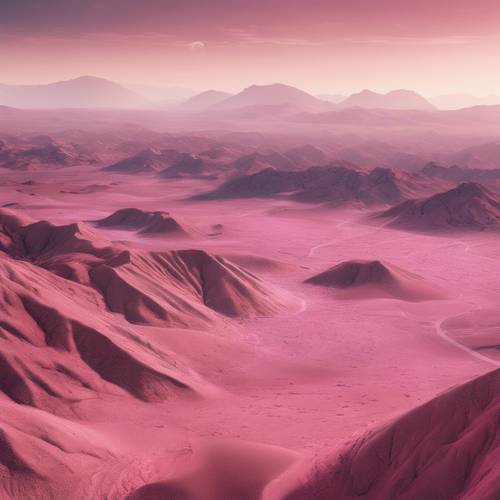 這是一個超現實的景觀，粉紅色的山脈環繞著貧瘠的沙漠。