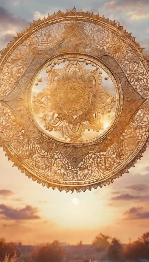 A golden sun with intricate boho designs against a whimsical watercolor sunset sky.