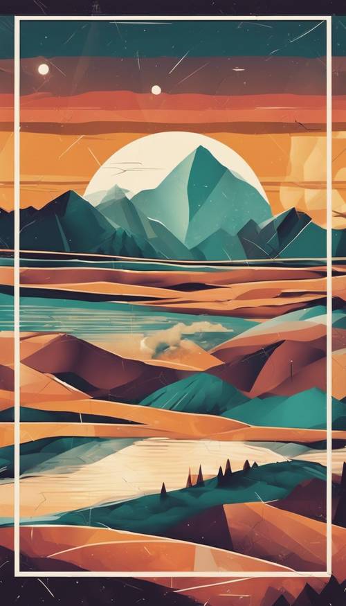 Eine abstrakte Retro-Landschaft mit geometrischer Sonne und Bergen.