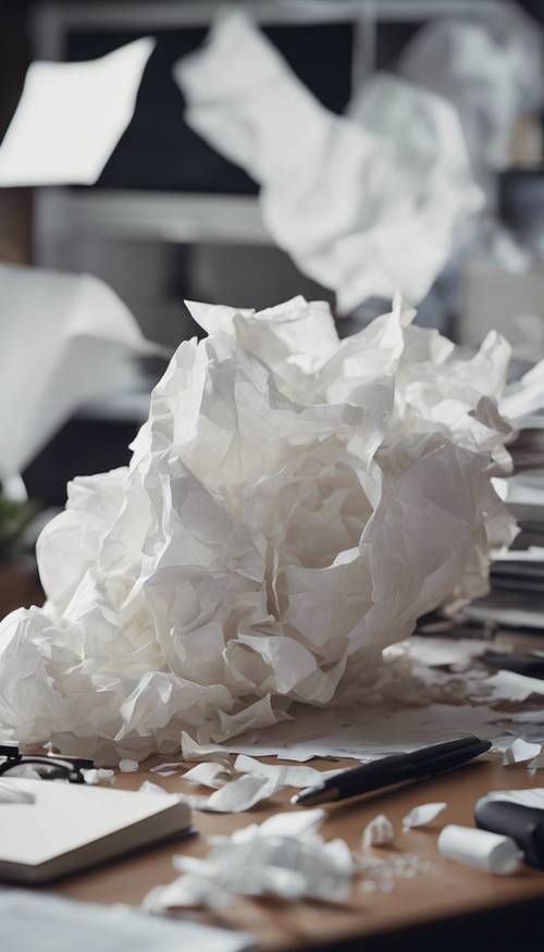 قطعة من الورق الأبيض مجعدة حديثًا تم إلقاؤها على مكتب مكتب مزدحم.