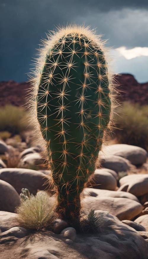 Kaktus Quill stojący wysoki i dumny pośrodku skalistego terenu, z burzą z piorunami w oddali. Tapeta [941b4a1a750c422a9546]