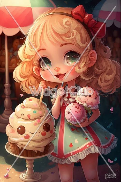아이스크림을 먹는 귀여운 만화 소녀