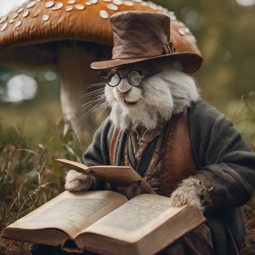 Seekor kelinci tua yang bijaksana dengan kacamata dan janggut putih, membaca buku usang bersampul kulit di bawah jamur raksasa.