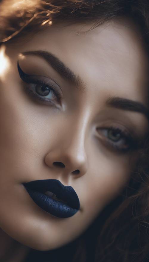 Seorang wanita memakai lipstik warna navy gelap, dengan ekspresi misterius di matanya.
