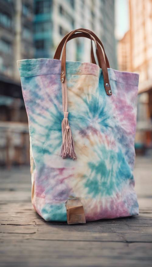 Un sac fourre-tout de style bohème aux couleurs pastel tie-dye sur un fond urbain.