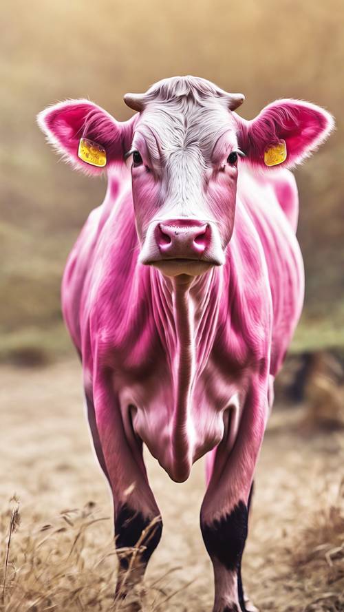 Stampa artistica di mucca rosa su una custodia per cellulare ad alta tecnologia.