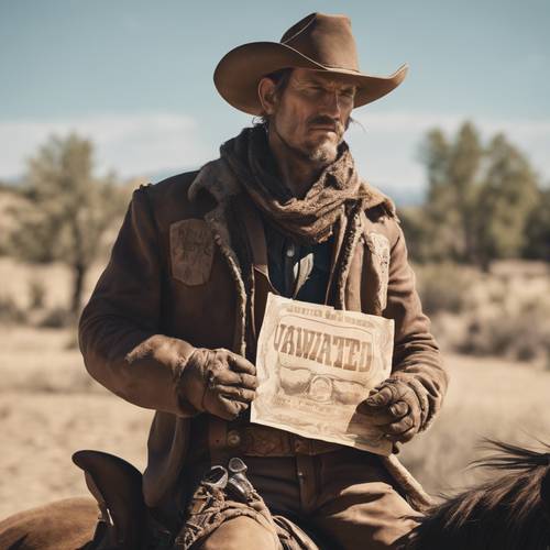 Un cowboy dalla faccia torva con in mano un poster di ricercato sotto il forte sole di mezzogiorno.