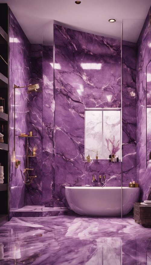 Banheiro luxuoso projetado com mármore roxo brilhante.