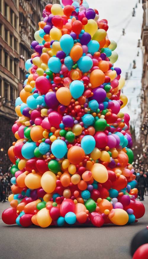 Un albero di Natale colorato fatto con centinaia di palloncini durante una sfilata di bambini.