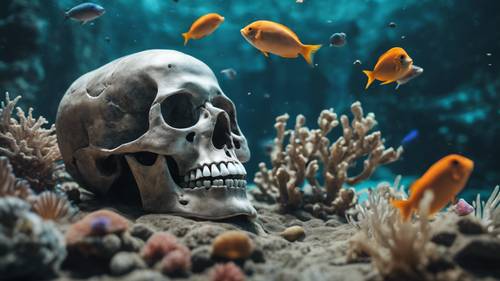 An underwater scene of a coral-covered gray skull with exotic fishes swimming around.