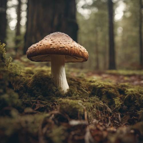 A vintage-style still life of a single, oversized mystical mushroom in a wooded glade.