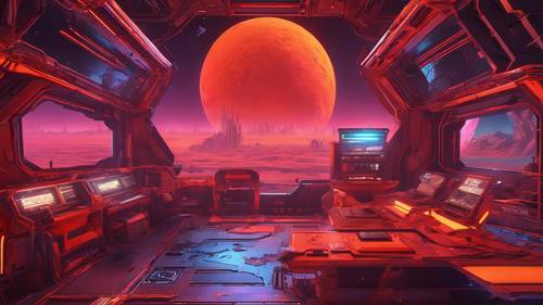 Un environnement de jeu 3D sur le thème des astéroïdes rouges et oranges explorant un vaste espace.