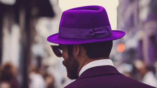 Um elegante chapéu fedora roxo com uma citação de cavalheiro sobre cavalheirismo.