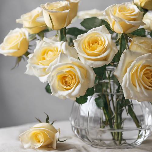 Kristal berraklığında bir vazoda parlak beyaz ve sarı güllerden oluşan güzel bir dizi.