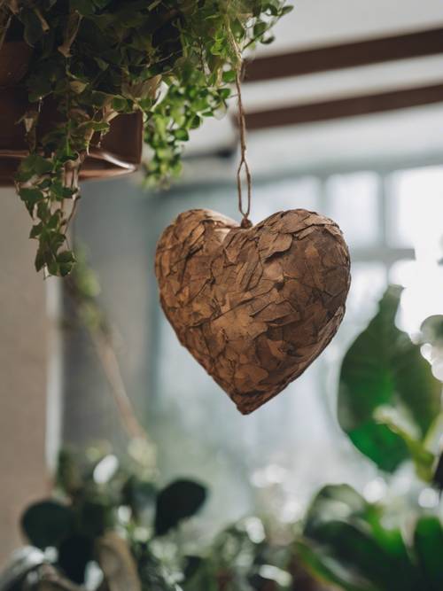 A handmade brown, paper mache heart hanging from an indoor plant.
