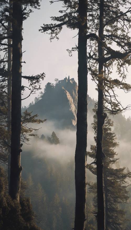 Chropowaty szczyt górski przebijający się przez poranną mgłę.