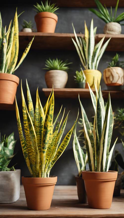 A cluster of yellow and green variegated snake plants in terra-cotta pots on a wooden shelf.