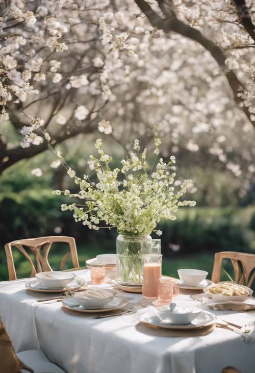 Una tavola primaverile splendidamente apparecchiata per un brunch all&#39;aperto, che ritrae un&#39;eleganza minimalista.