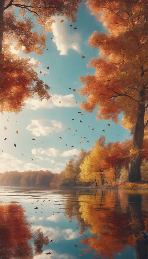 Una pintura fresca que evoca la tranquilidad de un día de otoño, con hojas coloridas cayendo de los árboles y el cielo sereno reflejado en el lago de aguas cristalinas.