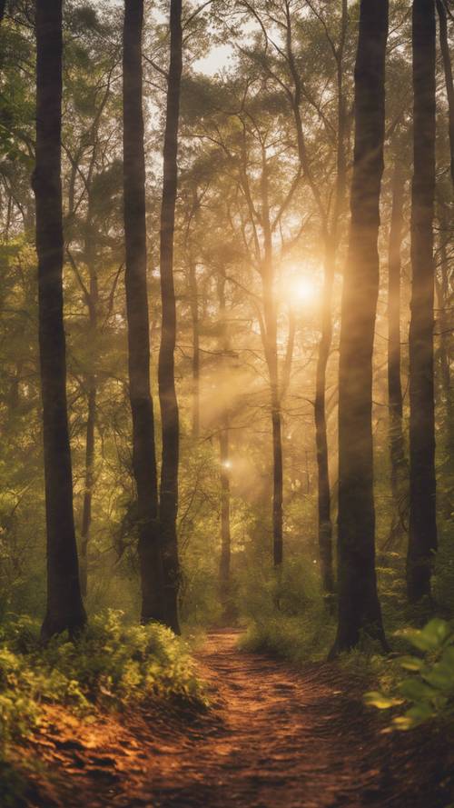 Une forêt paisible baignée dans la lumière dorée du coucher de soleil, la citation « Un esprit calme est tout ce dont vous avez besoin » apparaissant entre les arbres.