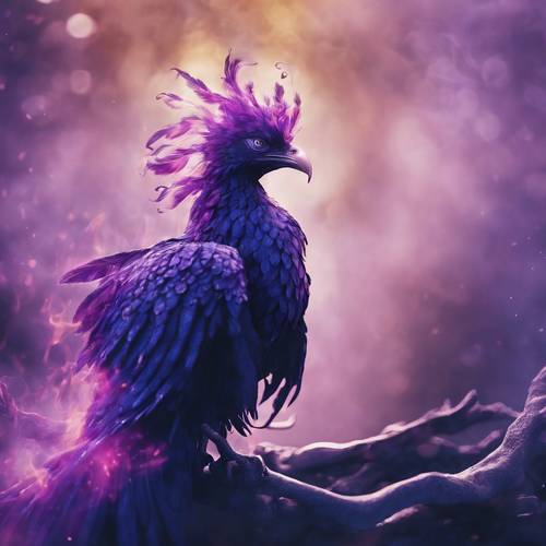 一只紫色凤凰从靛蓝色火焰中升起的简约演绎。