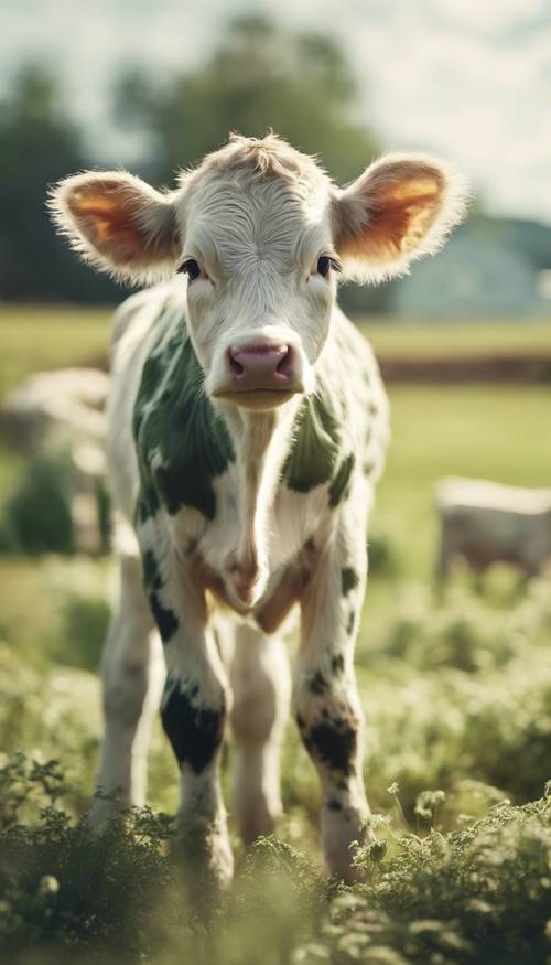 A playful illustration of a baby cow with soft sage green fur and quirky white spots on a sunny farm field.
