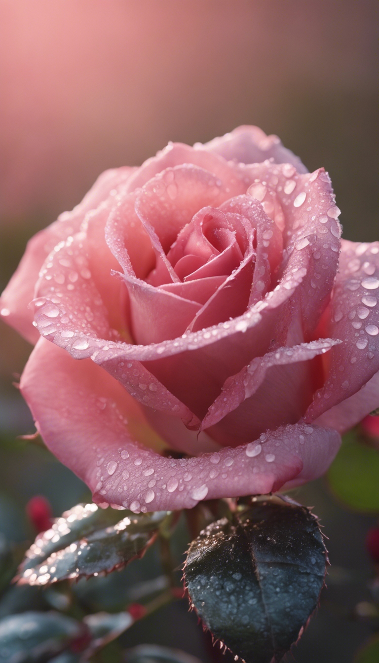 A close-up of a velvety pink rose with white dewdrops sparkling in the early morning light.壁紙[0bf49d8f48ba4d238396]