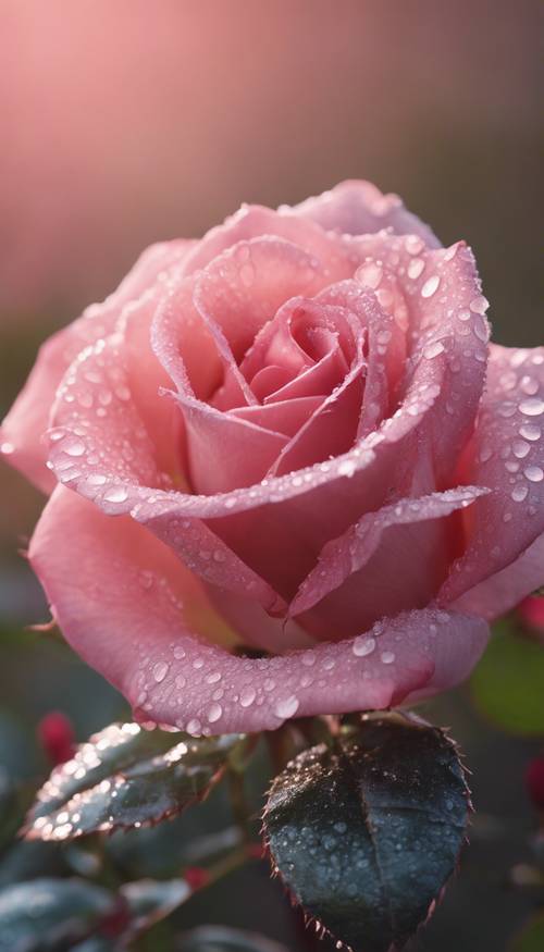 特写一朵天鹅绒般的粉红玫瑰，上面挂着白色的露珠，在清晨的阳光下闪闪发光。