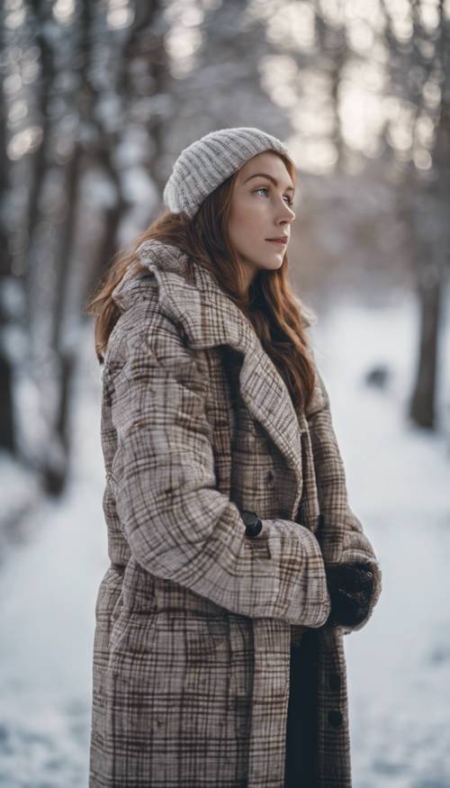 Eine Winterlandschaft mit einer Person, die einen neutralen karierten Mantel trägt.