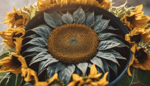向日葵生長在裝飾著波西米亞圖案的花盆裡。