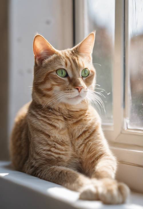 A green-eyed beige tabby cat sitting in a sunny window sill.