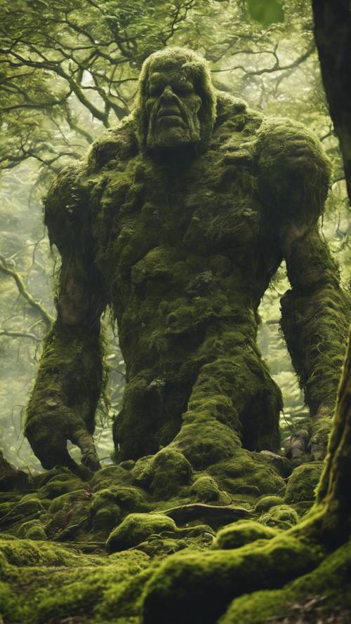 Un colosal gólem de piedra que despierta de su letargo eterno, con musgo y árboles creciendo en su espalda, en un valle escondido.