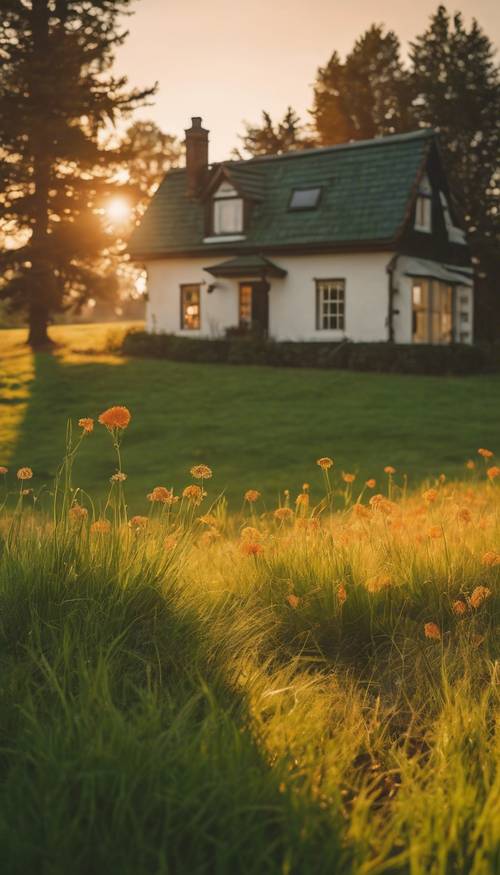 Eine malerische Szene eines langsamen Sonnenaufgangs über einer idyllischen Cottagecore-Landschaft, der einen orangefarbenen Farbton auf das smaragdgrüne Gras wirft.